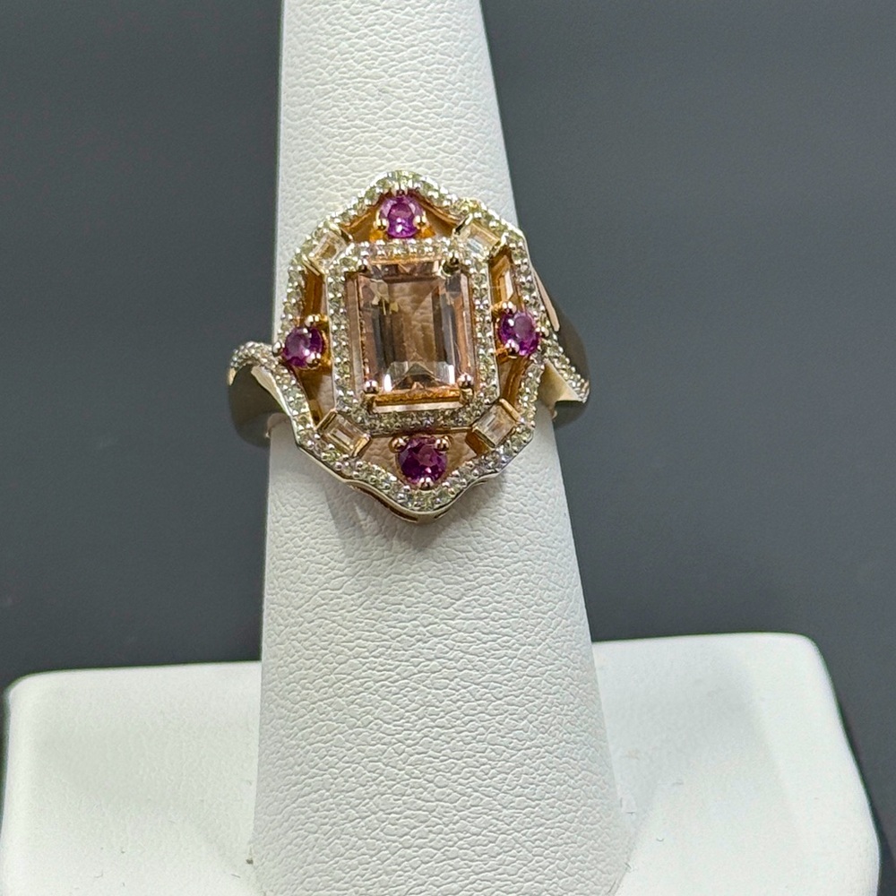 Morganite with Amethyst and White Zircon Ring NEW